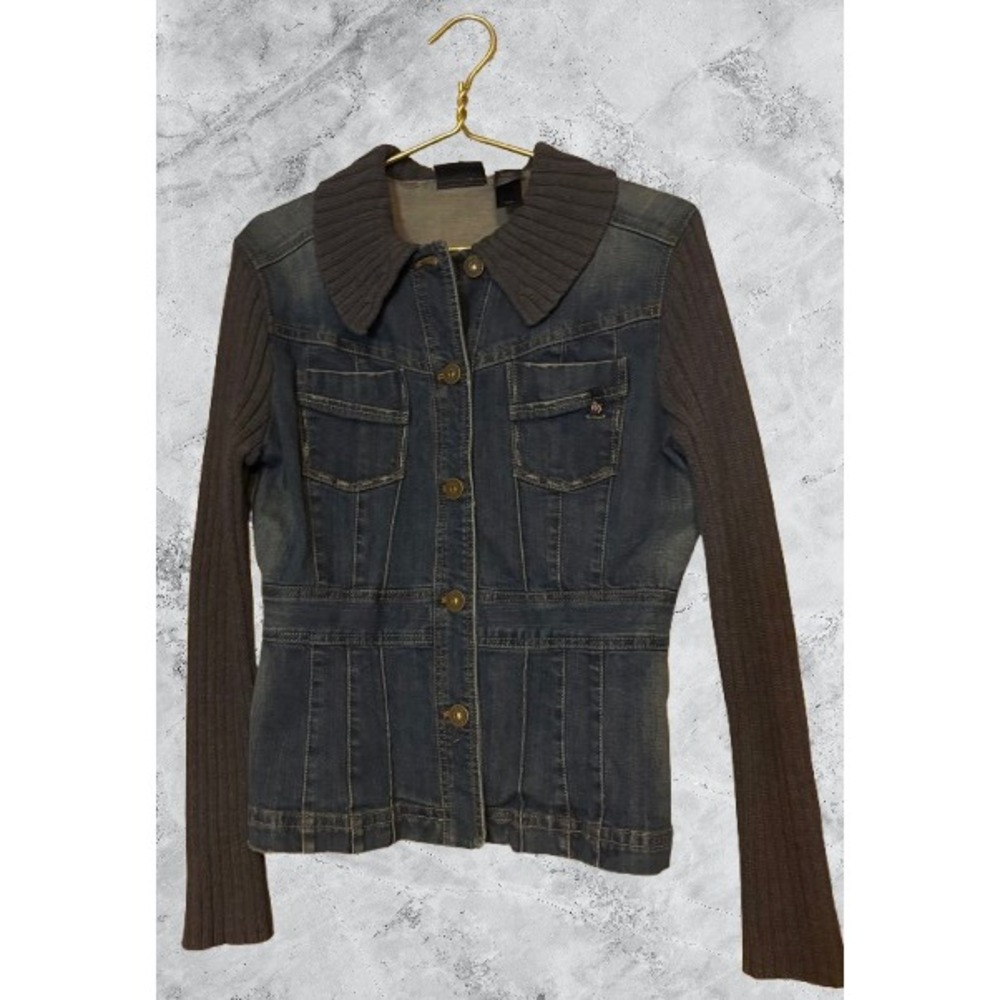 DKNY Jeans Womens Denim Jacket Mixed Media Knit Sleeves Collar Blue Large